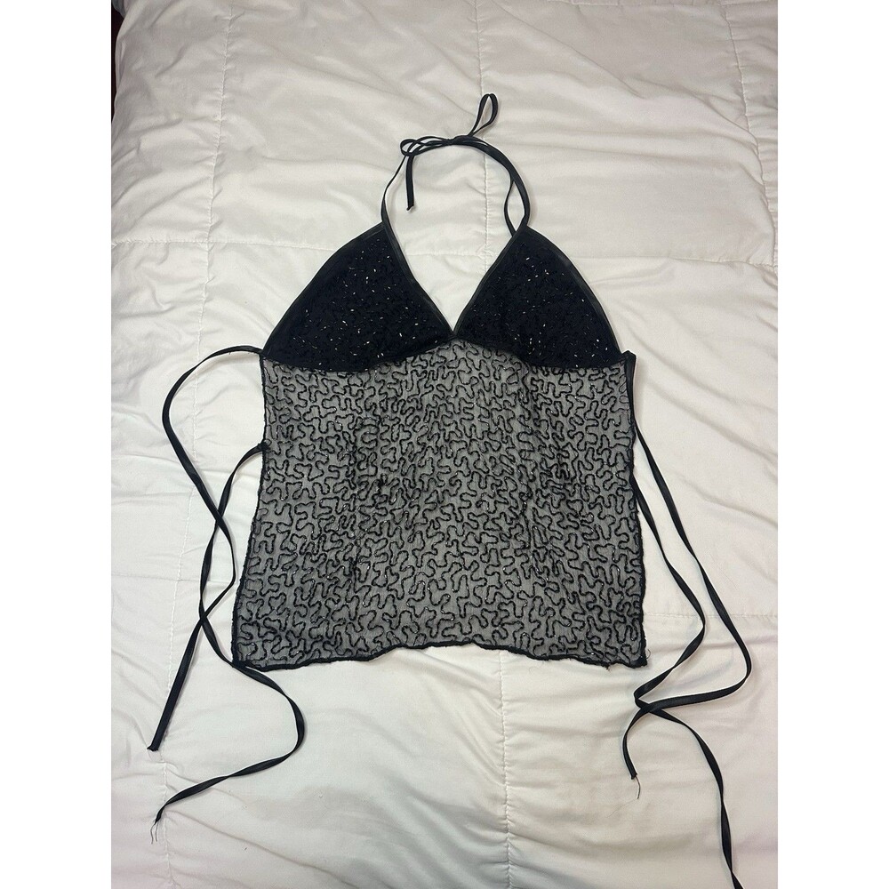 Handmade Y2K Beaded Halter Top Black Backless M Tie Back Sheer Fairy Whimsygoth